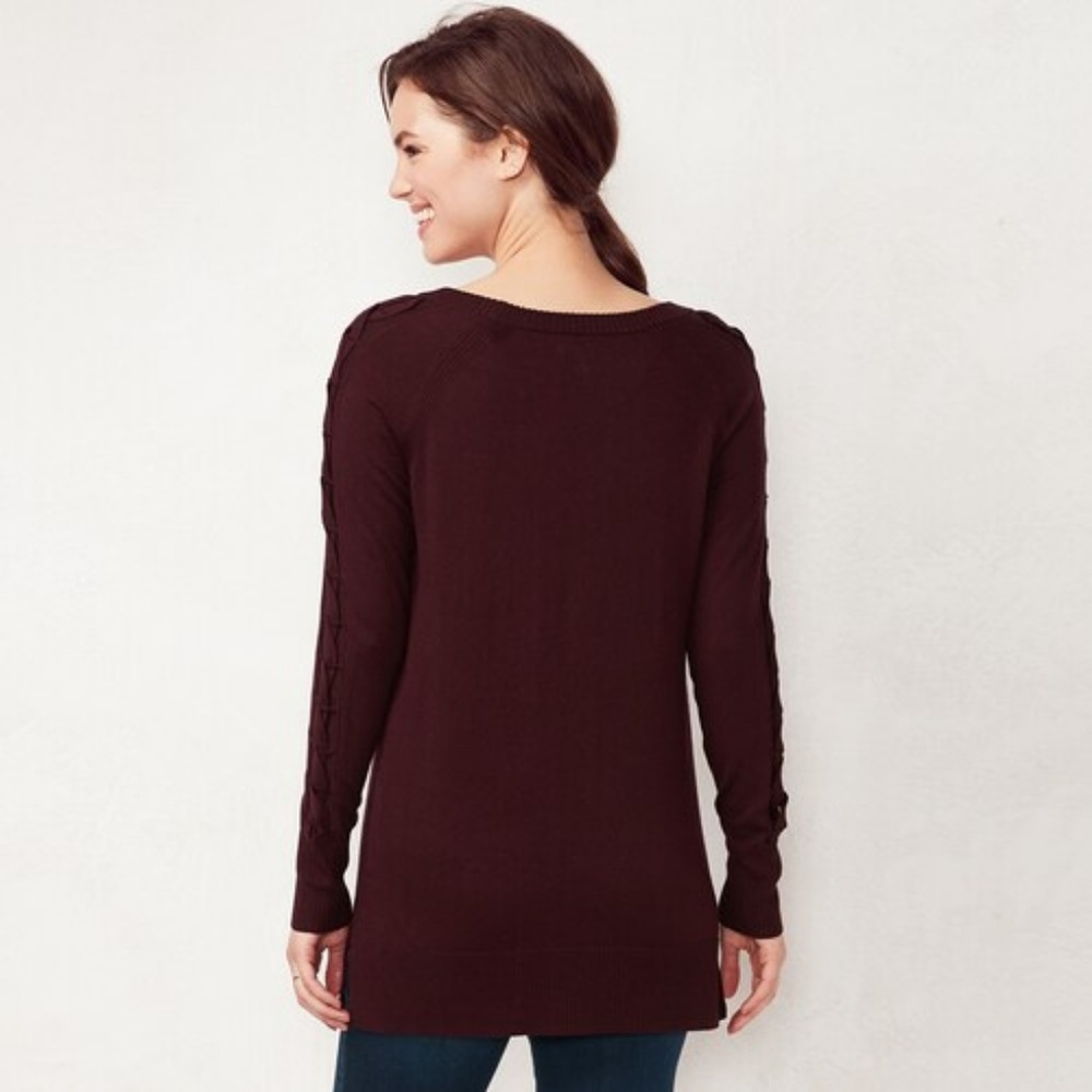 Lauren Conrad Plum Lace-Up Sleeve Tunic Sweater - Picture 3 of 4